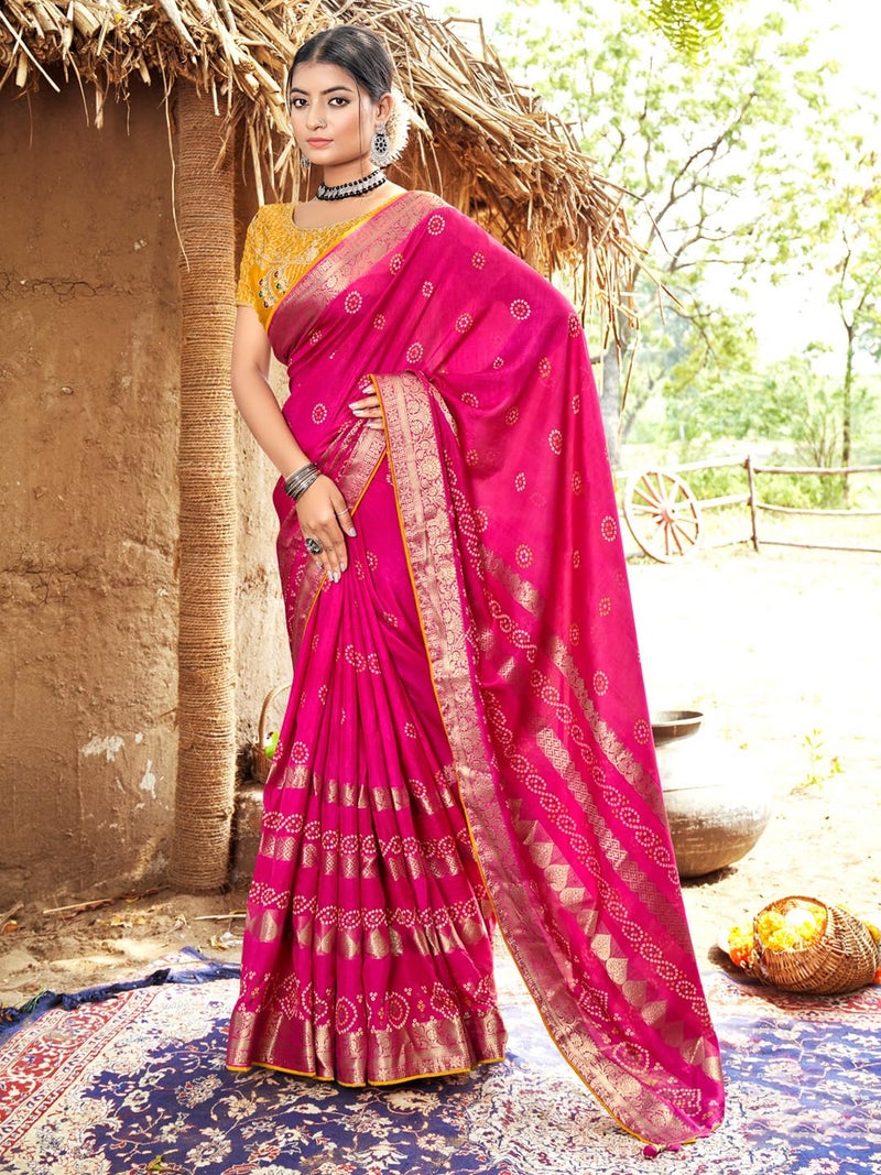 SAREE MALL Women's Pure Silk Bandhani Printed Saree With Unstitched Blouse Piece(Pink_LAVNYA5005_5D) - Image 2
