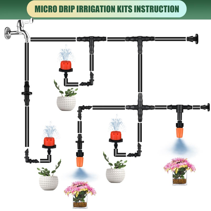 CESTAME 300Pcs Drip Irrigation Fittings Kit for 1/4" Tubing, Drip Line Connectors for Drip Systems- Drip Emitters, Nozzles, Nozzle Tees, Single barbs, 4-Way Connectors, End Plugs, Elbows, Tees, Couplings - Image 3