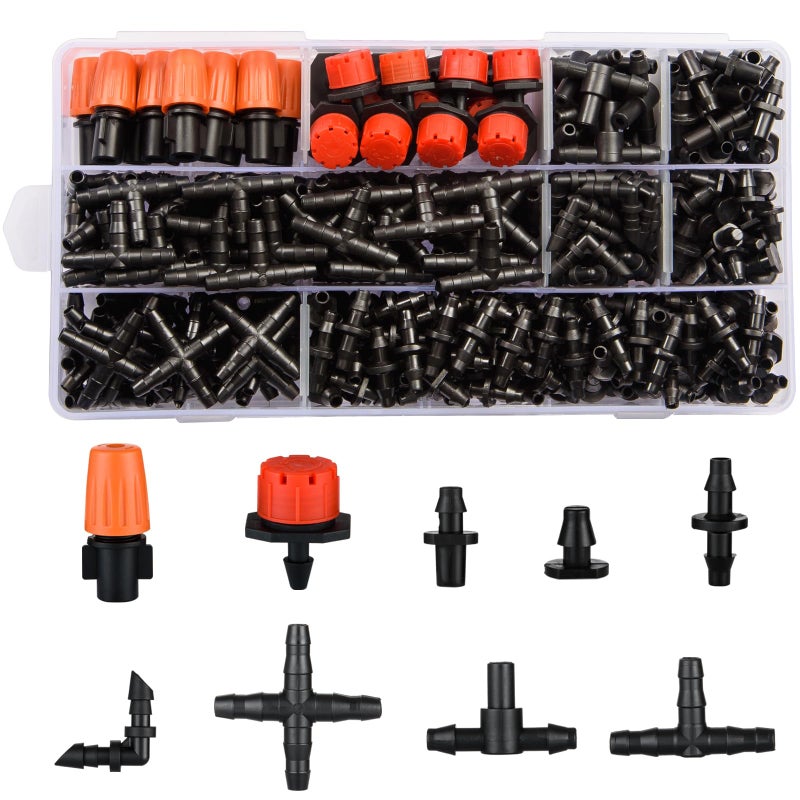 CESTAME 300Pcs Drip Irrigation Fittings Kit for 1/4" Tubing, Drip Line Connectors for Drip Systems- Drip Emitters, Nozzles, Nozzle Tees, Single barbs, 4-Way Connectors, End Plugs, Elbows, Tees, Couplings - Image 1