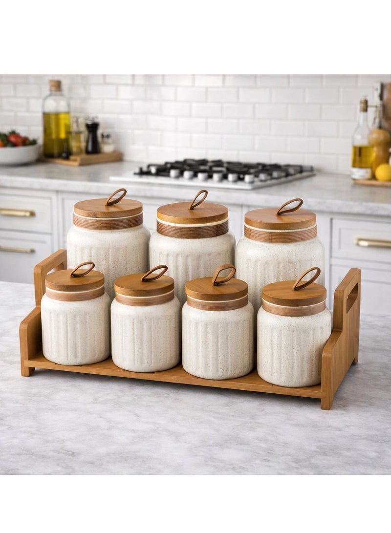 دانيا طقم علب سكر وشاي وبهارات سيراميك مع حامل خشب – 7 قطع ✨ - Image 1