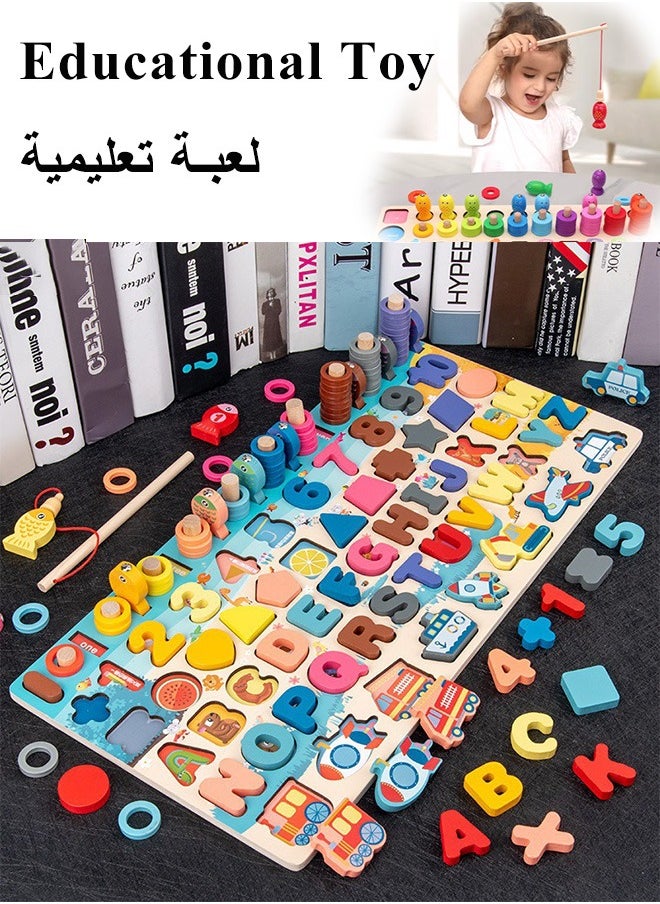 7 In 1 Wooden Montessori Toys, Educational Math Learning Board, Logarithmic Board for Kids, All-in-one Graphic Fishing Building Blocks Toys, Toddler Number Puzzles, Preschool Stacking Toys, Wooden Puzzle Sorting Toys, Shape Sorter Counting Color Matching Toy, Children's Educational Games, Early Education, Cognitive Development, Digital Computing, Perfect Gift for Boy & Girl  - Image 1