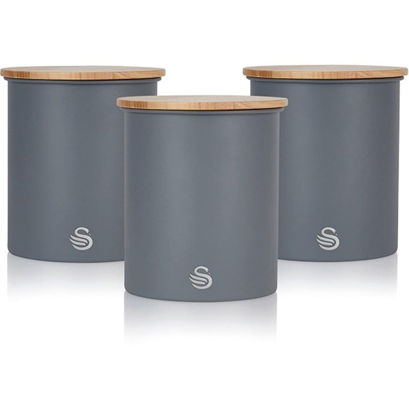 Swan SWKA17513GRYN Nordic Scandi Set of 3 Storage Tea Coffee and Sugar Canisters Slate Grey Steel Bamboo Lid One Size