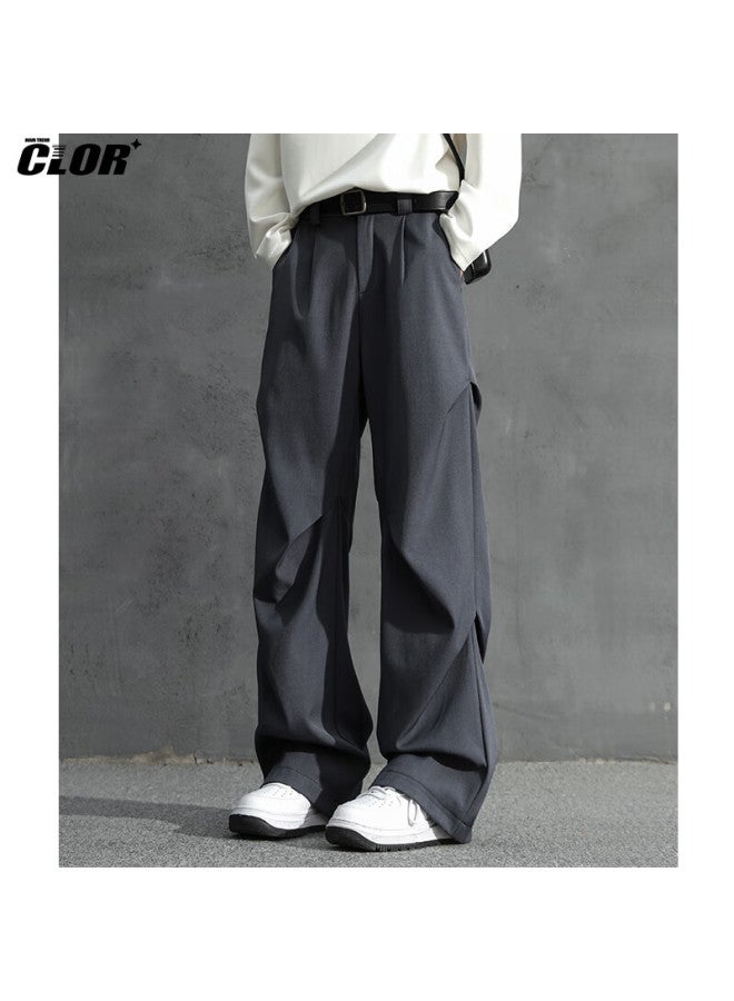 Clor American-style Pleated Draping Paratrooper Curved Knife Dress Pants For Men, Autumn And Winter Loose Straight-leg Casual Wide-leg Trousers, Cl80 Gray-blue, 2XL - Image 1