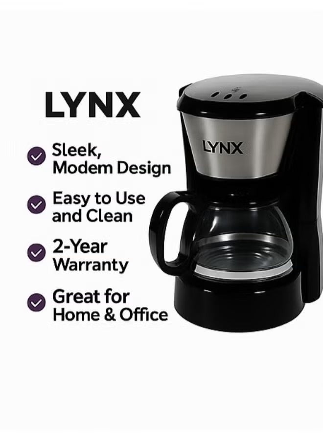 LYNX 6-Cup Electric Coffee Maker 750mL | 550-650W, Removable Filter Basket, Glass Carafe, Easy Clean & 2-Year Warranty | LY-8201 Black - Image 4