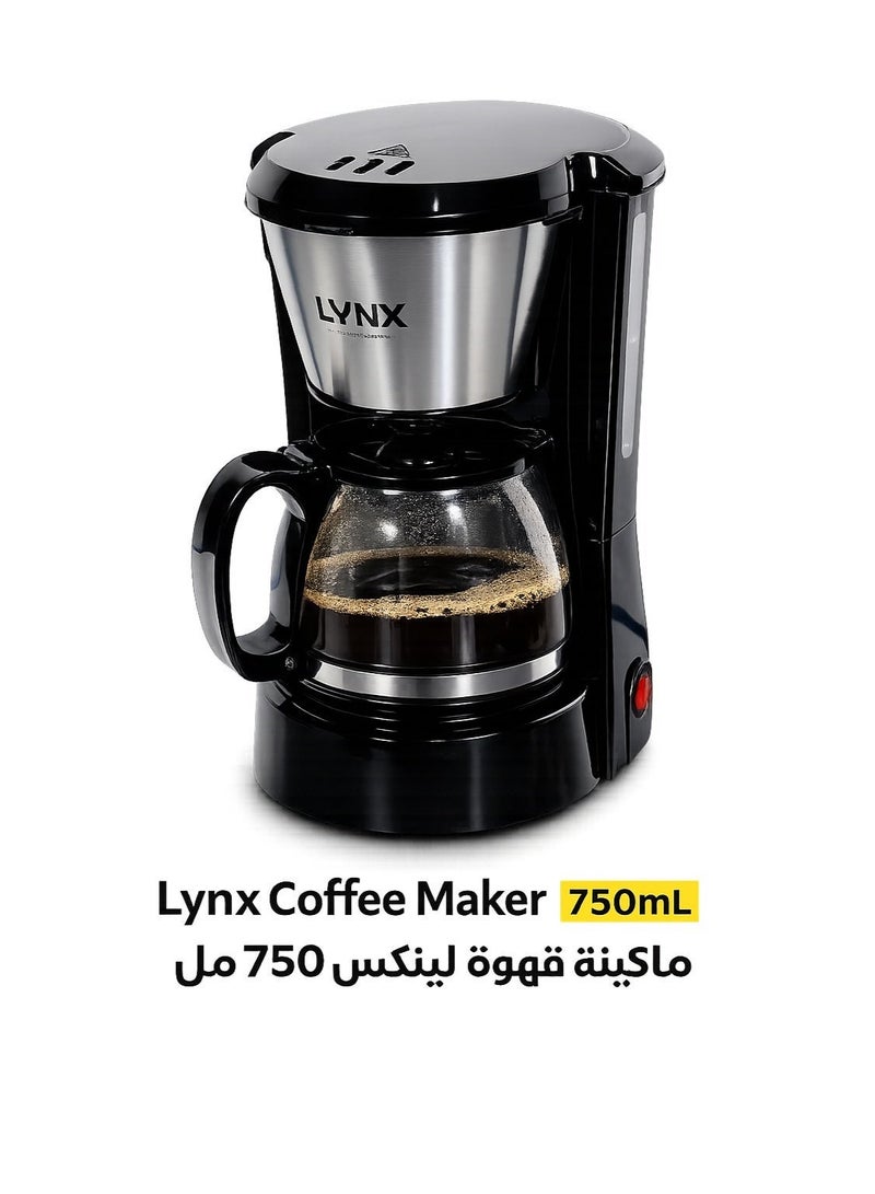 LYNX 6-Cup Electric Coffee Maker 750mL | 550-650W, Removable Filter Basket, Glass Carafe, Easy Clean & 2-Year Warranty | LY-8201 Black - Image 2
