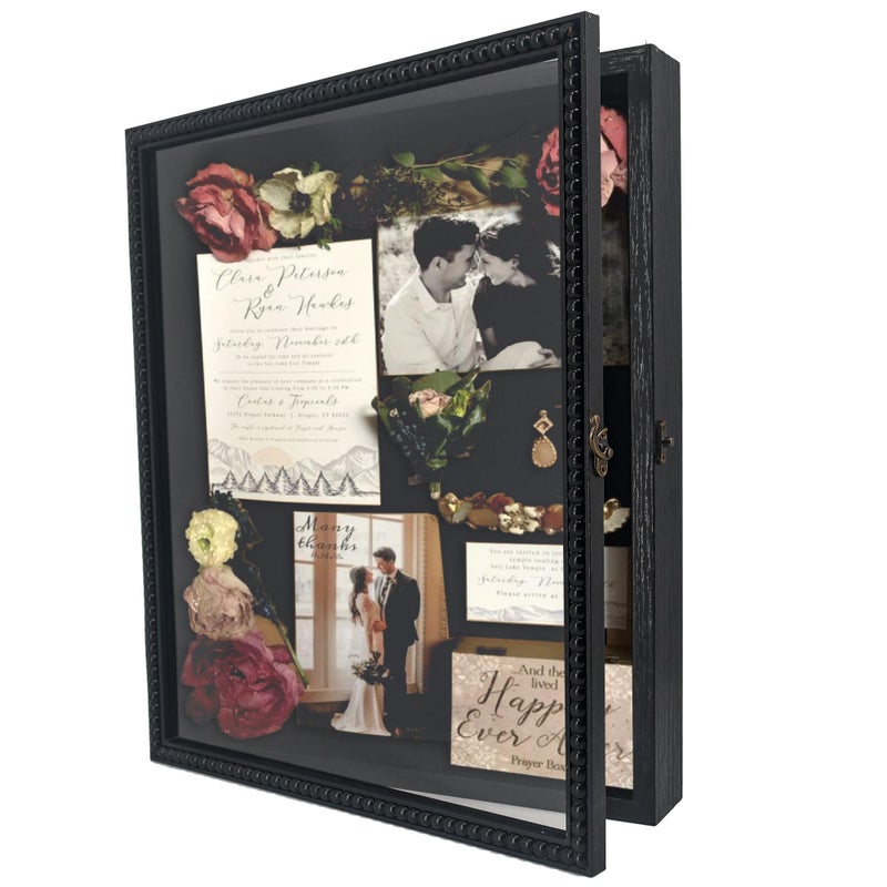 FramePro Shadow Box Deep Front Open with Hinge Beaded Designed Display Case with Linen Back, Picture Frame Wedding Bouquet Memorabilia Medals Photos Memory Box for Keepsakes Black 13x16 - Image 1