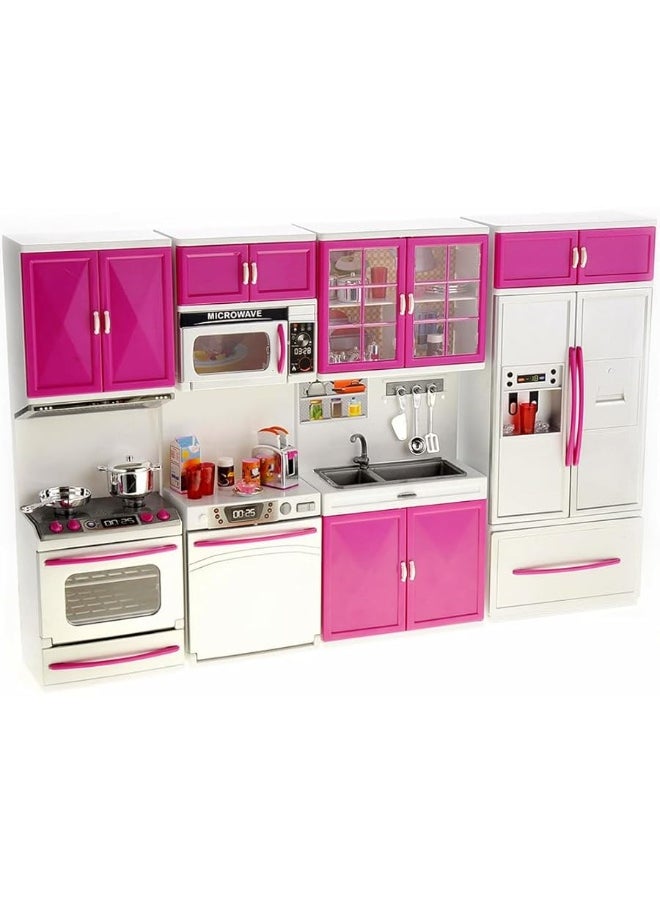 PowerTRC PowerTRC Doll Kitchen Play Set, Mini Modern Toy Kitchen Pretend Play Furnitures Toy Set Accessories Set with Realistic Light & Sound for Kids Toddlers Girls (4-in-1)  - Image 3