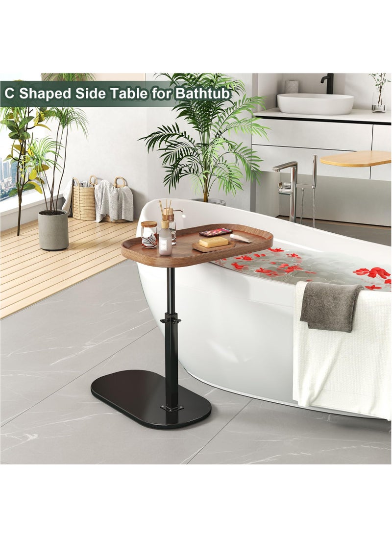C Shaped Side Table Adjustable Height, 360°Swivel C Shaped End Table, Couch Side Tables That Slide Under, Small Coffee C Table End Table for Sofa Bed Bathtub, Rotating Elevate Tabletop (Beige)