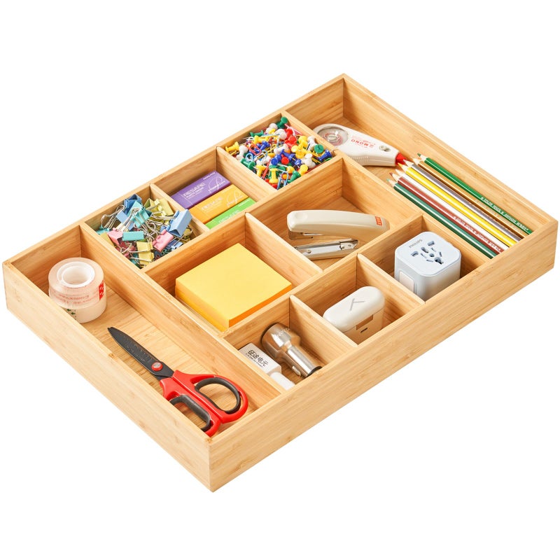 Umilife Extra Large Bamboo Desk Drawer Organizer, Wood Junk Organizer Tray with Adjustable Dividers, Anti-Skip Storage Organization in Office Bathroom Drawer for Vanity, Makeup, 17" x 12" - Image 1