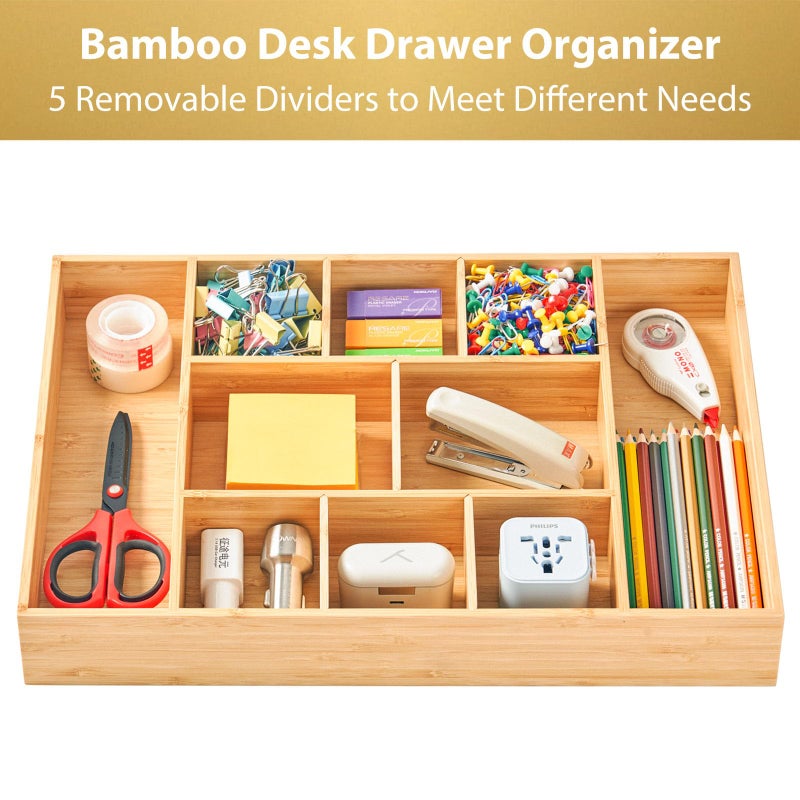 Umilife Extra Large Bamboo Desk Drawer Organizer, Wood Junk Organizer Tray with Adjustable Dividers, Anti-Skip Storage Organization in Office Bathroom Drawer for Vanity, Makeup, 17" x 12" - Image 2