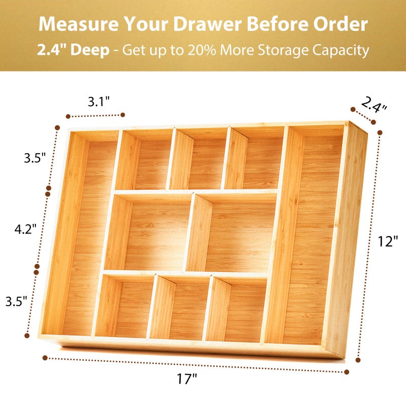 Umilife Extra Large Bamboo Desk Drawer Organizer, Wood Junk Organizer Tray with Adjustable Dividers, Anti-Skip Storage Organization in Office Bathroom Drawer for Vanity, Makeup, 17" x 12" - Image 4