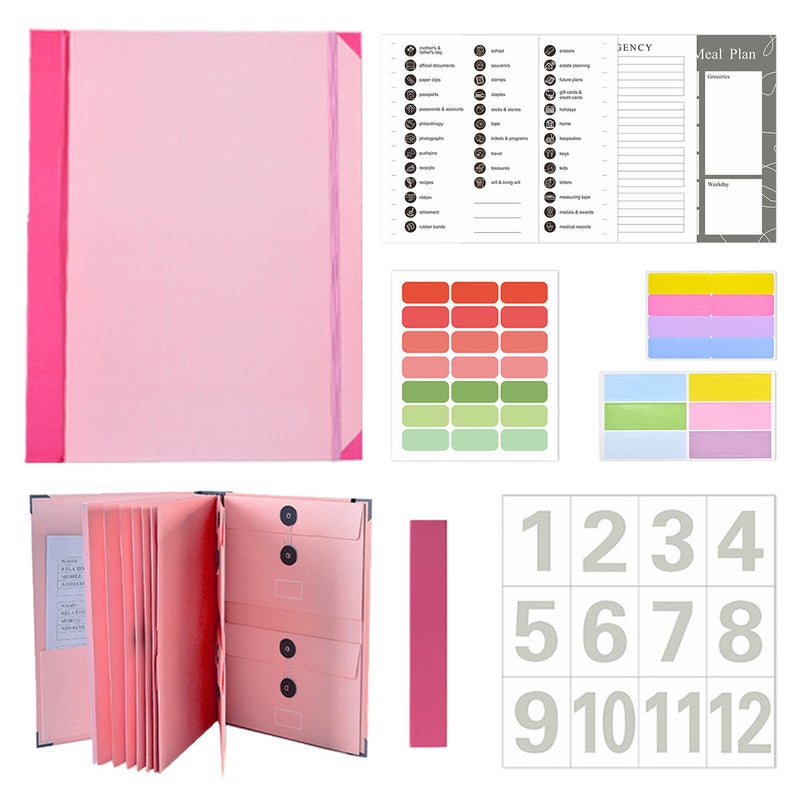 Document Organizer Folio with 12 Pockets Envelopes in Case I Go Missing Binder Important FileOrganizer Comes Labels Sticker for Bills Checks Birth Certificates Estate Planning etc Home School Office,Pink And Sticker,Thicken - Image 1