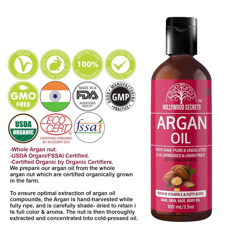 Hollywood Secrets Organic Morrocan Argan Oil Cold Pressed Carrier Oil Face Hair 100 ml - Image 2