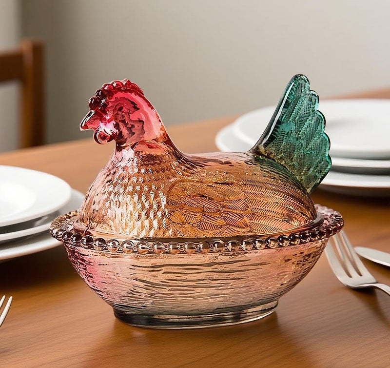 ccsxqy Vintage Glass Hen on Nest Dish with Lid - Large Pedestal Rooster Glass Candy Bowl, Colorful Crystal Candy Jar for Snacks, Dessert, Cookies | Home Kitchen Office Tabletop Decor - Image 5