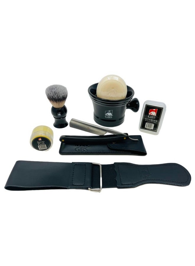 G.B.S Men'S Shaving Set Deluxe Straight Razor 68In Carbon Steel Razor Shaving Mug Synthetic Bristles Brush Shaving Soap Razor Case Alum Block And Strop - Image 1