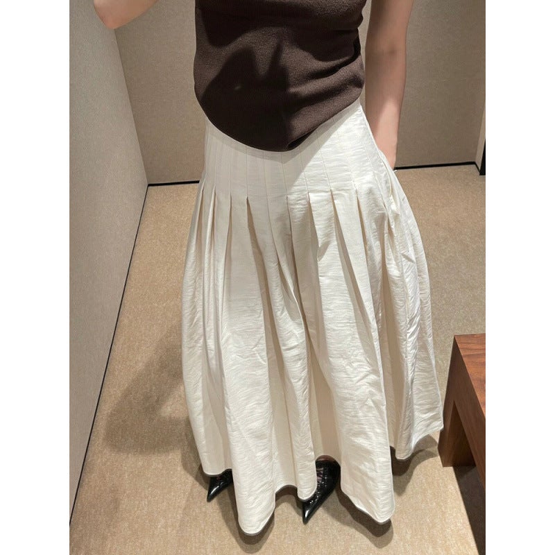 Off-White Pleated A-Line Skirt For Women, New Autumn Design, Niche High-Waisted Slimming Fashionable Versatile Umbrella Skirt - Image 3