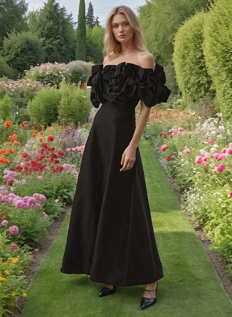 ميرين فستان أسود مكشوف الأكتاف أسود مزين بالورود ثلاثي الأبعاد ومزخرف بالورود - Image 1