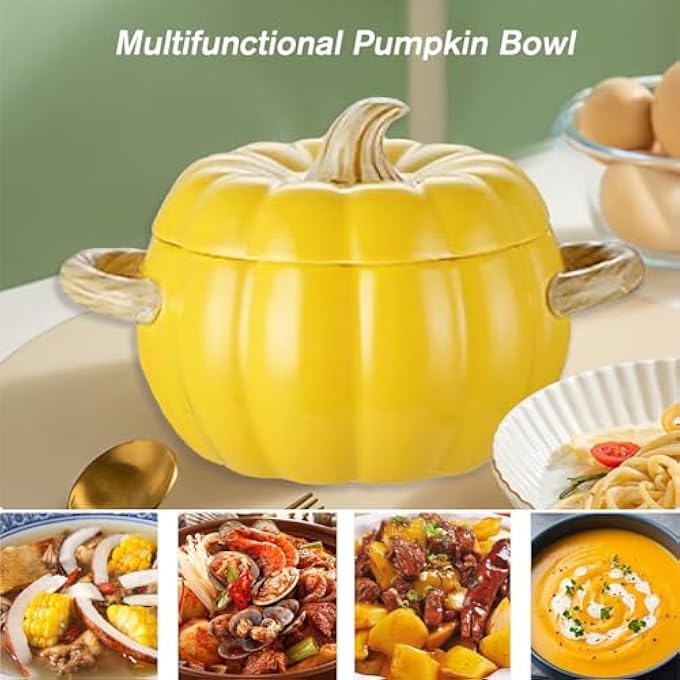 rayihni Stock Pot With Lid 19L Ceramic Pumpkin Casserole Dish With Lid Large Soup Bowl With Dual Handles Dishwasher  Microwave Safe Pumpkin Soup Pot For Halloween Christmas Thanksgiving Yellow - Image 4