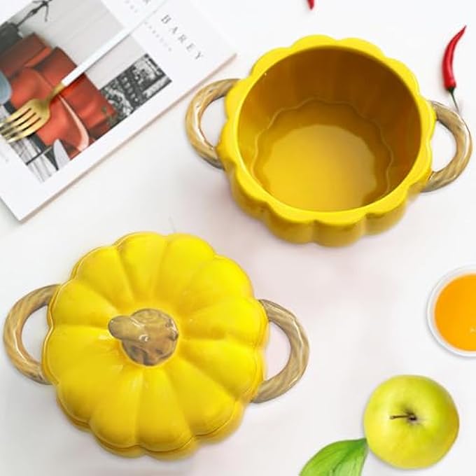 rayihni Stock Pot With Lid 19L Ceramic Pumpkin Casserole Dish With Lid Large Soup Bowl With Dual Handles Dishwasher  Microwave Safe Pumpkin Soup Pot For Halloween Christmas Thanksgiving Yellow - Image 5