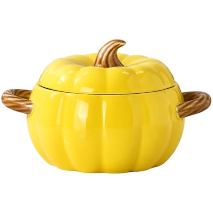 rayihni Stock Pot With Lid 19L Ceramic Pumpkin Casserole Dish With Lid Large Soup Bowl With Dual Handles Dishwasher  Microwave Safe Pumpkin Soup Pot For Halloween Christmas Thanksgiving Yellow - Image 1