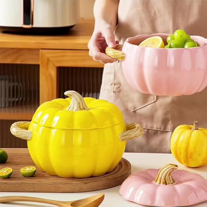 rayihni Stock Pot With Lid 19L Ceramic Pumpkin Casserole Dish With Lid Large Soup Bowl With Dual Handles Dishwasher  Microwave Safe Pumpkin Soup Pot For Halloween Christmas Thanksgiving Yellow - Image 3
