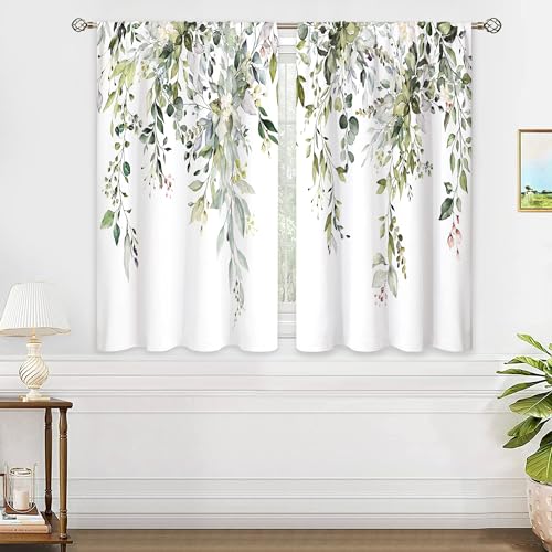 oolygoo Eucalyptus Botanical Leaves Floral Kitchen Window Curtains Over Sink Farmhouse Flower Leaf Small Window Treatment Sage Green Cafe Short Curtains for Bathroom Treatment Tier Drapes 26x45 inch - Image 4