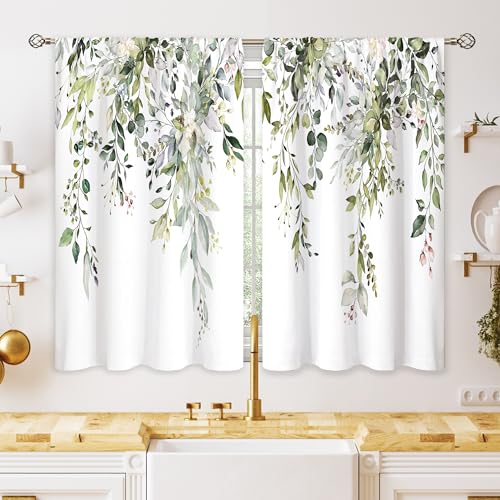 oolygoo Eucalyptus Botanical Leaves Floral Kitchen Window Curtains Over Sink Farmhouse Flower Leaf Small Window Treatment Sage Green Cafe Short Curtains for Bathroom Treatment Tier Drapes 26x45 inch - Image 1