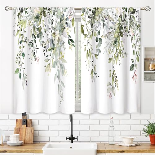 oolygoo Eucalyptus Botanical Leaves Floral Kitchen Window Curtains Over Sink Farmhouse Flower Leaf Small Window Treatment Sage Green Cafe Short Curtains for Bathroom Treatment Tier Drapes 26x45 inch - Image 3