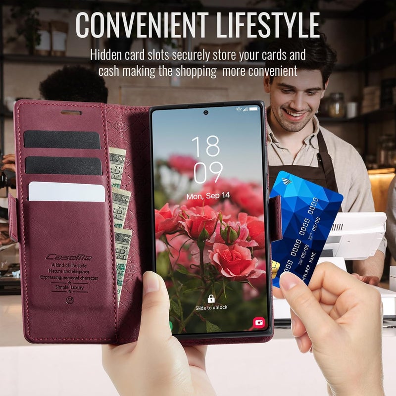 Cracedily Phone Case for Samsung Galaxy S25 Ultra, Premium PU Leather [RFID Blocking] Flip Case with Card Slot Stand Function Leather Case Phone Cover Galaxy S25 Ultra Cover Book Case Red - Image 4