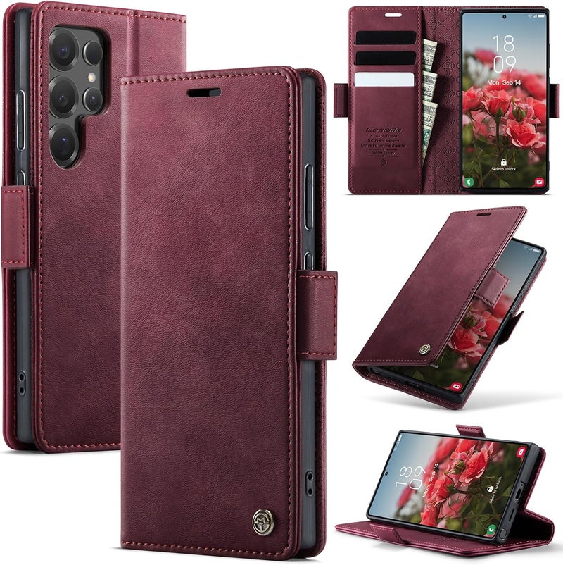Cracedily Phone Case for Samsung Galaxy S25 Ultra, Premium PU Leather [RFID Blocking] Flip Case with Card Slot Stand Function Leather Case Phone Cover Galaxy S25 Ultra Cover Book Case Red - Image 1
