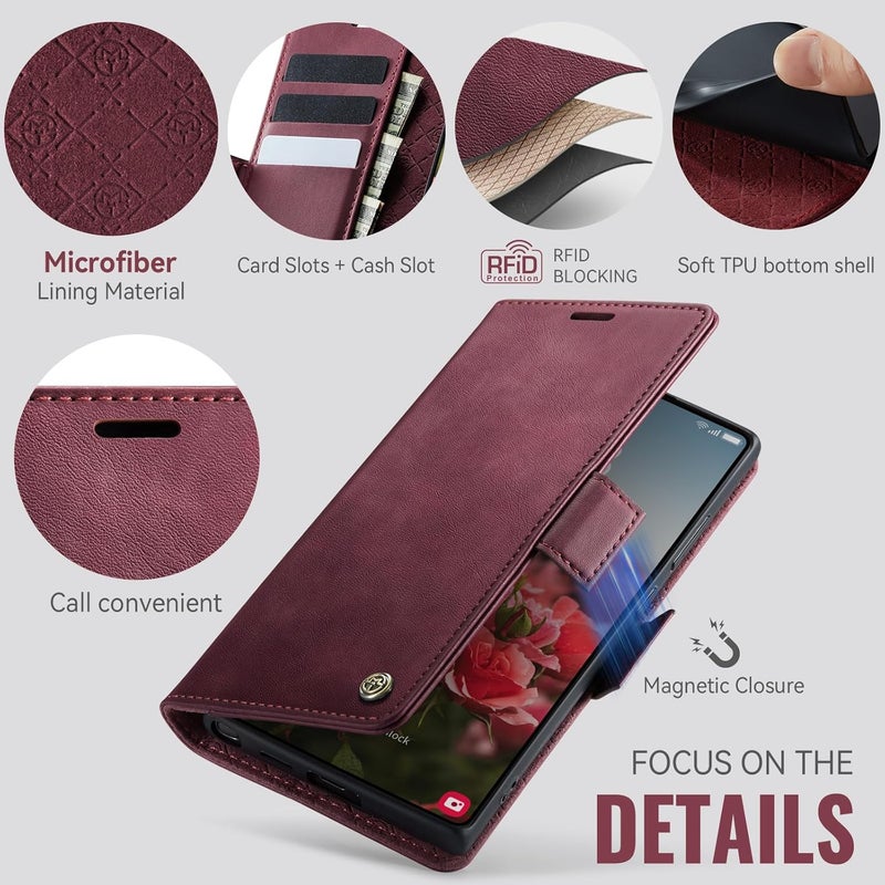 Cracedily Phone Case for Samsung Galaxy S25 Ultra, Premium PU Leather [RFID Blocking] Flip Case with Card Slot Stand Function Leather Case Phone Cover Galaxy S25 Ultra Cover Book Case Red - Image 2