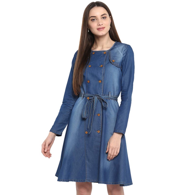 StyleStone Women's Denim Dress with Shoulder Placket Blue - Image 5