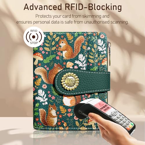 Kelvoris Cute Squirrels Small Rfid Women Wallet Bifold Zipper Coin Pocket PU Leather Compact Cash Credit Card Holder Travel Wallet for Female Ladies Teen Girls 1 ID Window 10 Card Slots - Image 3