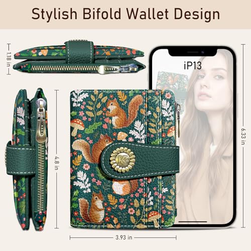 Kelvoris Cute Squirrels Small Rfid Women Wallet Bifold Zipper Coin Pocket PU Leather Compact Cash Credit Card Holder Travel Wallet for Female Ladies Teen Girls 1 ID Window 10 Card Slots - Image 5