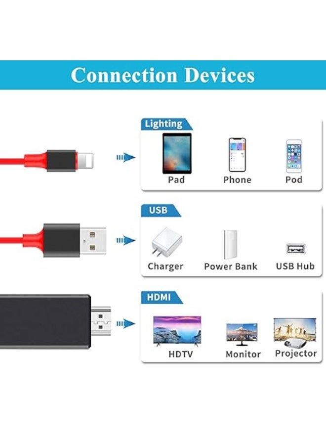 Generic - Lightning to HDMI Cable for iPhone iPad to TV/Projector/Monitor, Apple MFi Certified 1080P AV Adapter with USB Charging, 2m Screen Sync Converter Cord - Image 1