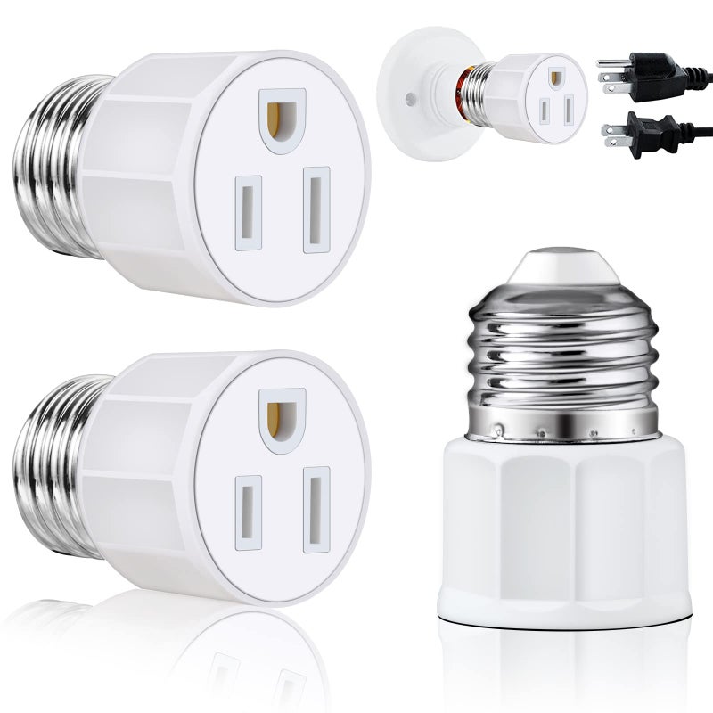 3 Prong Light Socket to Plug Adapter E26 E27 Light Socket to Plug Adapter Polarized Light Bulb Plug Adapter 23 Prong Outlet Socket Splitter Convert for Garage Porch Camera 2 White