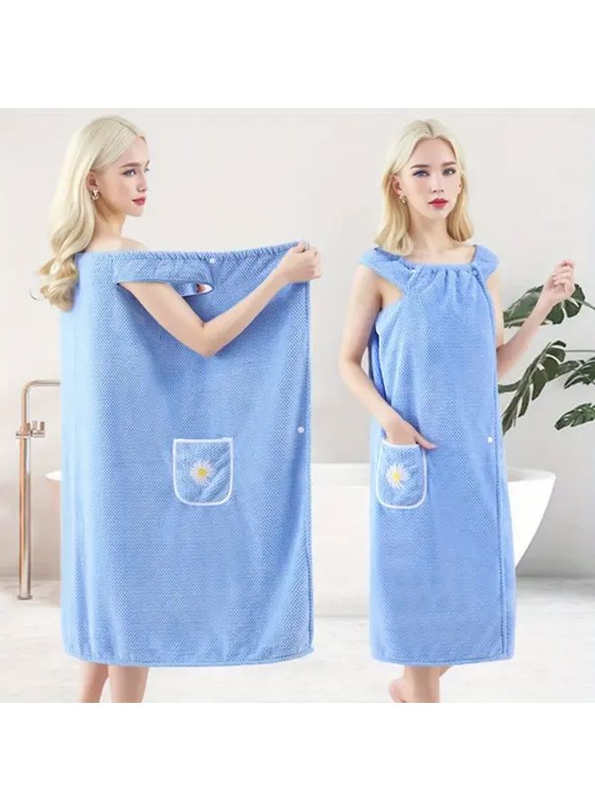 Blue Quick Dry Womens Bath Towel Wrap With Pockets Soft Absorbent Lightweight - Image 3