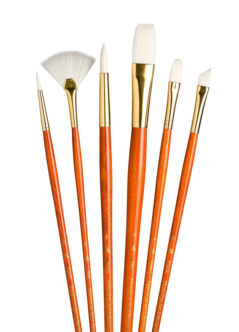 Princeton RealValue Paintbrush, Round 2,6,Fan 2,Filbert 4,Ang 4,Flat 10, Orange - Image 1