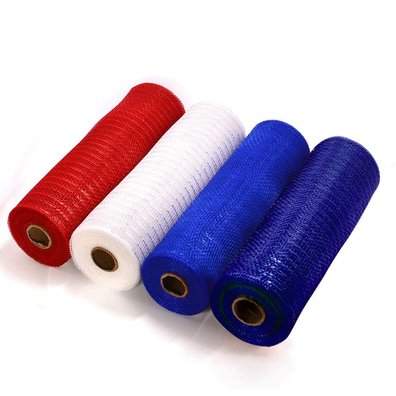 Koopi Deco Mesh 10 inch x 10 Yards Each Roll Metallic Foil Mesh Ribbon Red White Royal Navy Blue Set for Wreaths Swags Craft Party and Decorating Supplies  4 Rolls