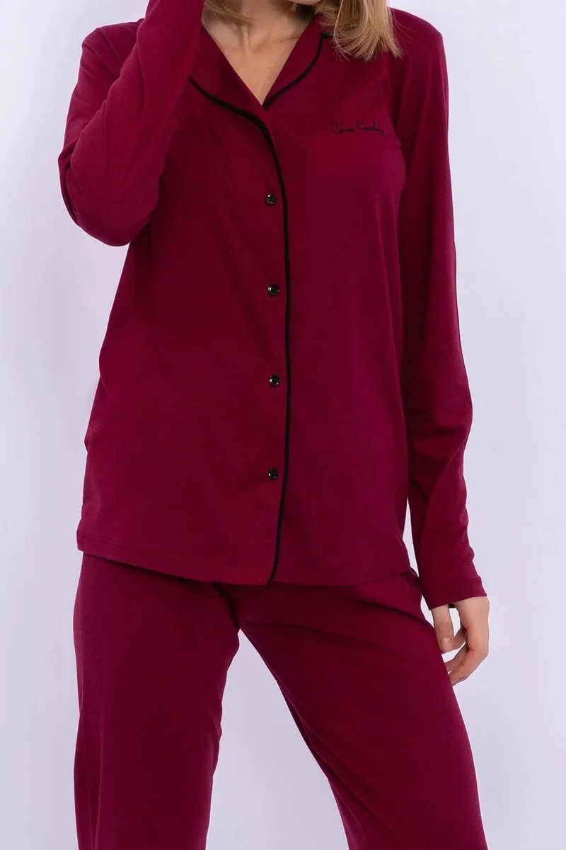 pierre cardin 7717 Women's Modal Long Sleeve Buttoned Front Pajama Set - Claret Red