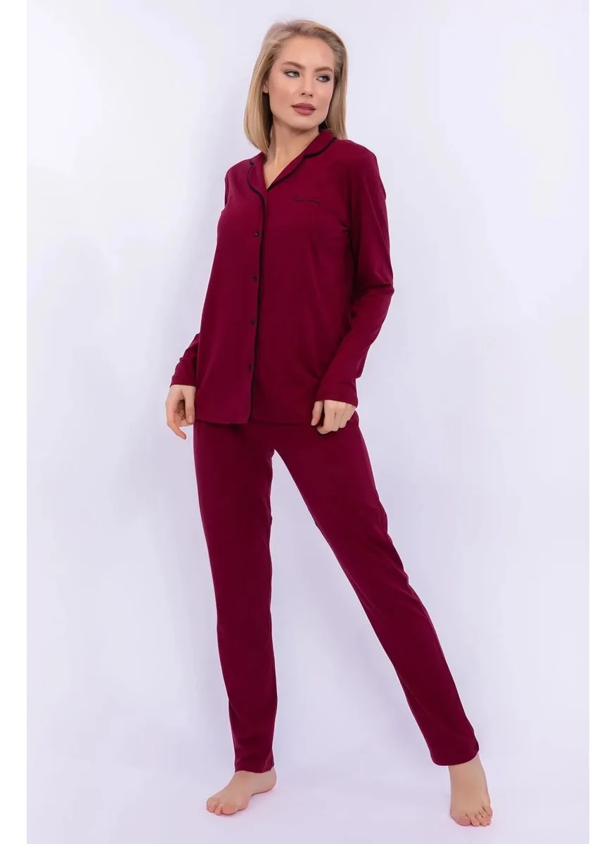 بيير كاردان 7717 Women's Modal Long Sleeve Buttoned Front Pajama Set - Claret Red