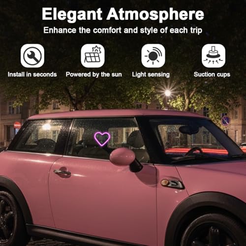 STHIRA® 1-Pack LED Heart Shaped Car Window Light with Suction Cups Solar Powered Pink Neon Car Decor Light for Rear Window and Interior Decoration, 3.8''x3.3'' - Image 3