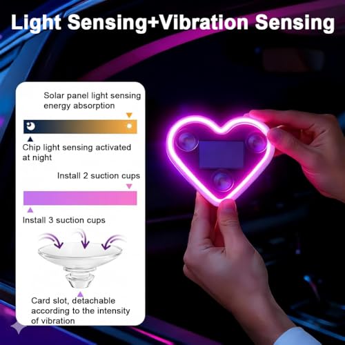STHIRA® 1-Pack LED Heart Shaped Car Window Light with Suction Cups Solar Powered Pink Neon Car Decor Light for Rear Window and Interior Decoration, 3.8''x3.3'' - Image 5