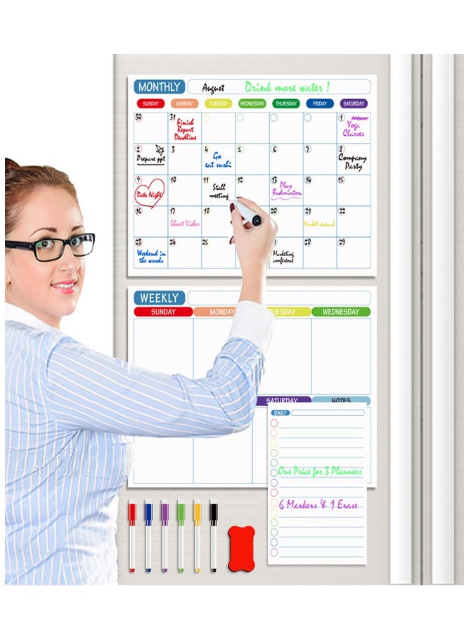 Gerenic - Magnetic Daily Weekly Monthly Planner Calendar Board Set, Fridge Whiteboard Planning Organizer, Dry Erase, To Do List, Stain Resistant Surface with 1 Eraser, 6 color Markers for Kitchen Office - Image 1
