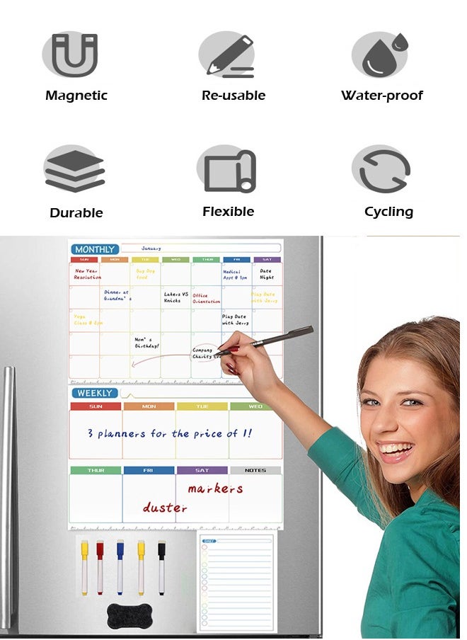 Gerenic - Magnetic Daily Weekly Monthly Planner Calendar Board Set, Fridge Whiteboard Planning Organizer, Dry Erase, To Do List, Stain Resistant Surface with 1 Eraser, 6 color Markers for Kitchen Office - Image 1