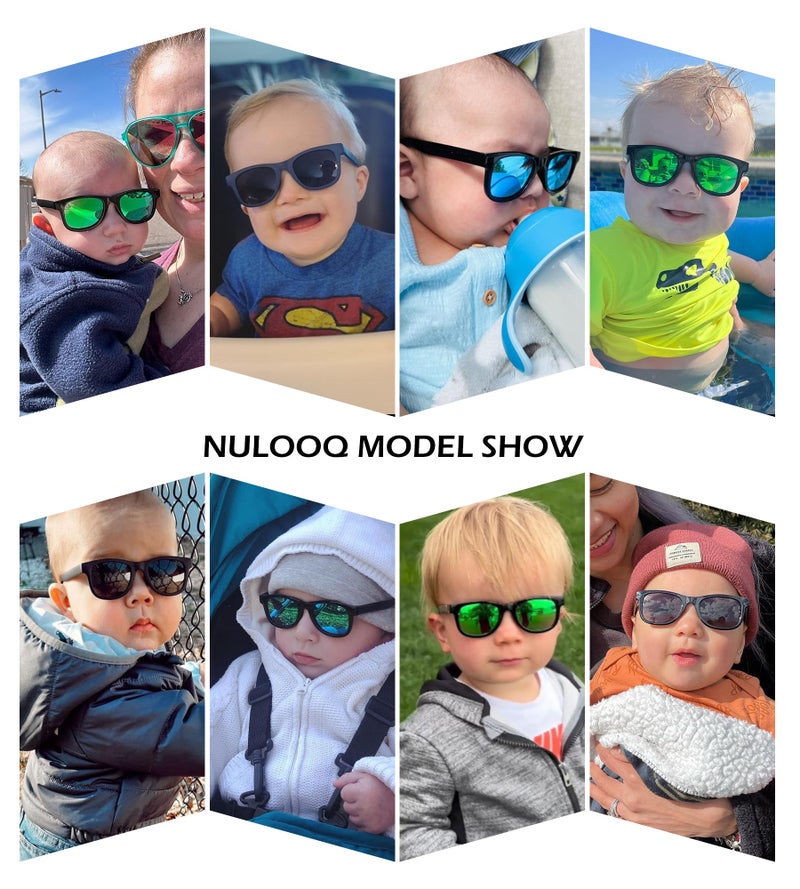NULOOQ Bendable Flexible Polarized Baby Sunglasses – with Silicon Strap for Infant Newborn & Toddler Age 0-18 Months (Gray + Blue Mirrored + Green Mirrored) - 3 Pack - Image 2
