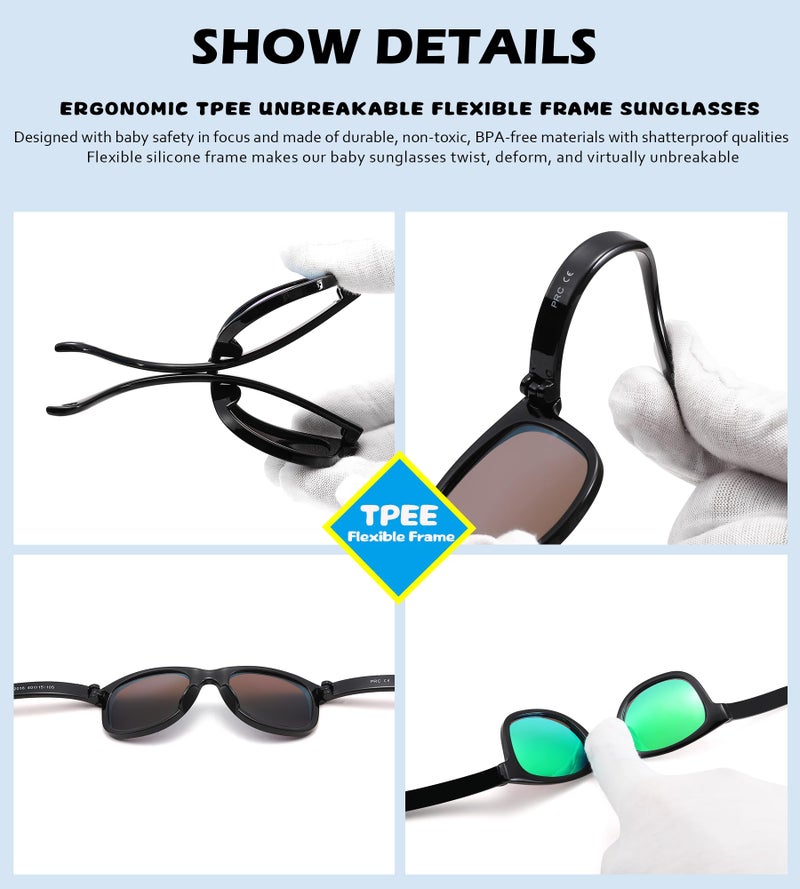 NULOOQ Bendable Flexible Polarized Baby Sunglasses – with Silicon Strap for Infant Newborn & Toddler Age 0-18 Months (Gray + Blue Mirrored + Green Mirrored) - 3 Pack - Image 4