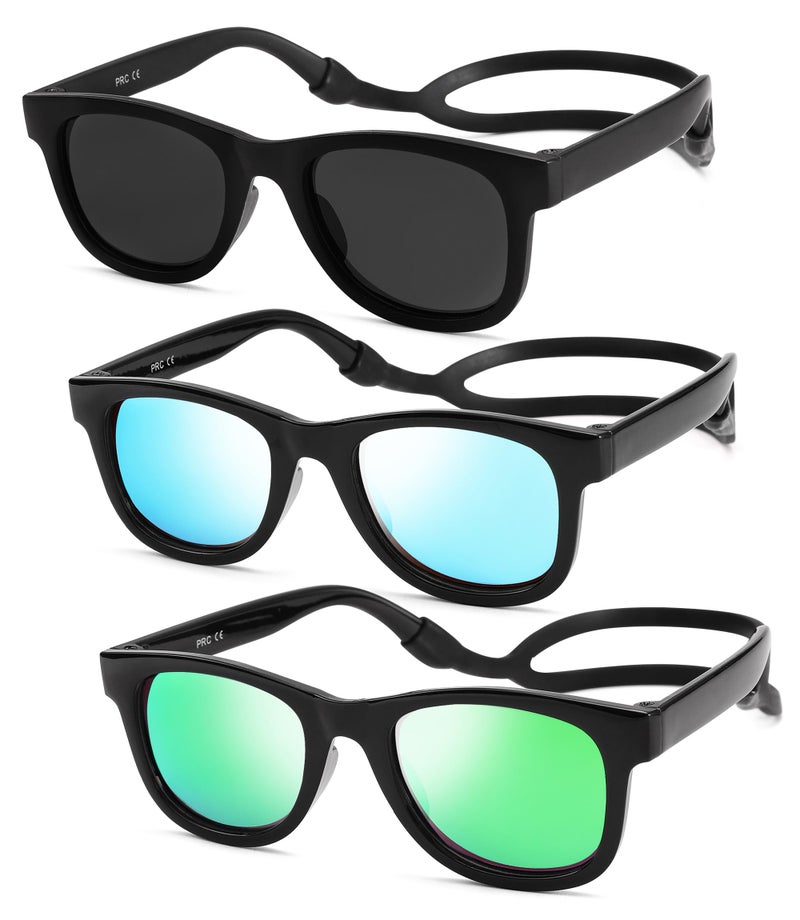 NULOOQ Bendable Flexible Polarized Baby Sunglasses – with Silicon Strap for Infant Newborn & Toddler Age 0-18 Months (Gray + Blue Mirrored + Green Mirrored) - 3 Pack - Image 1