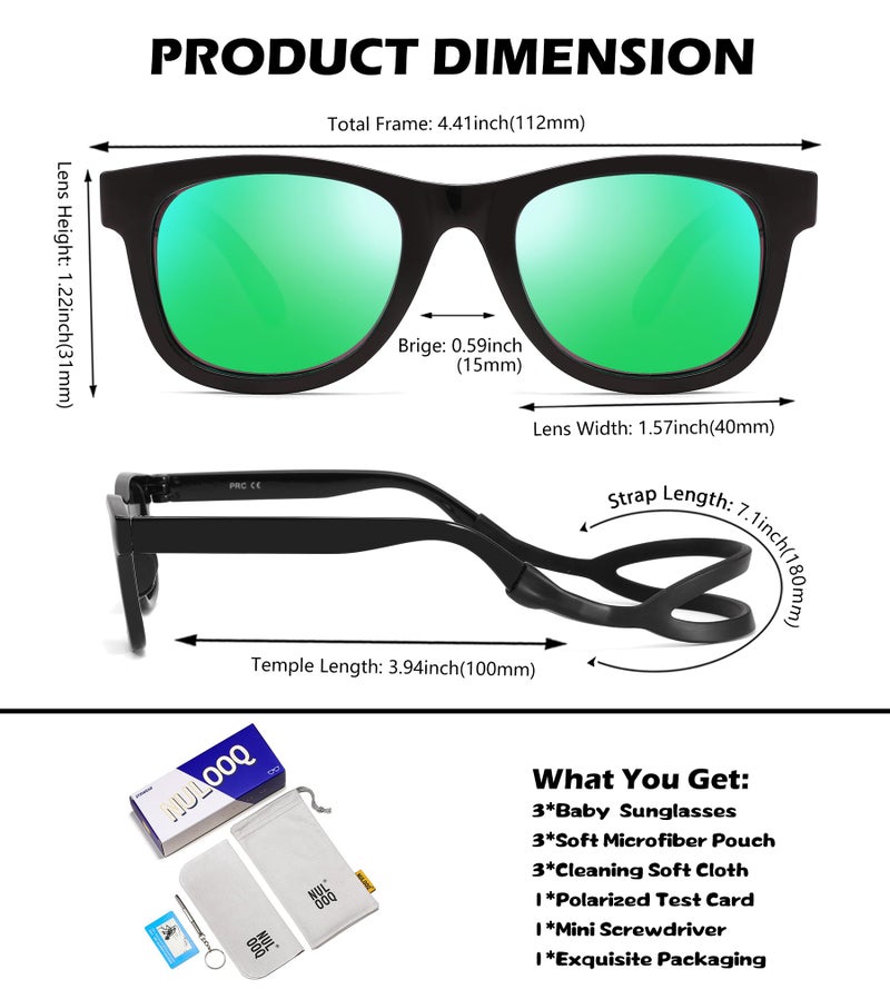 NULOOQ Bendable Flexible Polarized Baby Sunglasses – with Silicon Strap for Infant Newborn & Toddler Age 0-18 Months (Gray + Blue Mirrored + Green Mirrored) - 3 Pack - Image 3