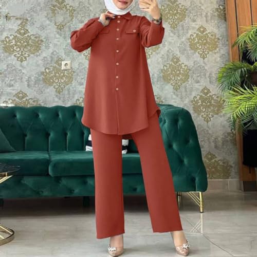 ODIZLI Brick Red Button Down Muslim Shirt - 2 Piece Set mod Muslim Dresses Turkey Kaftan Eid Islamic Prayer Tops Long Sleeve Ethnic Tugs Set - Image 2